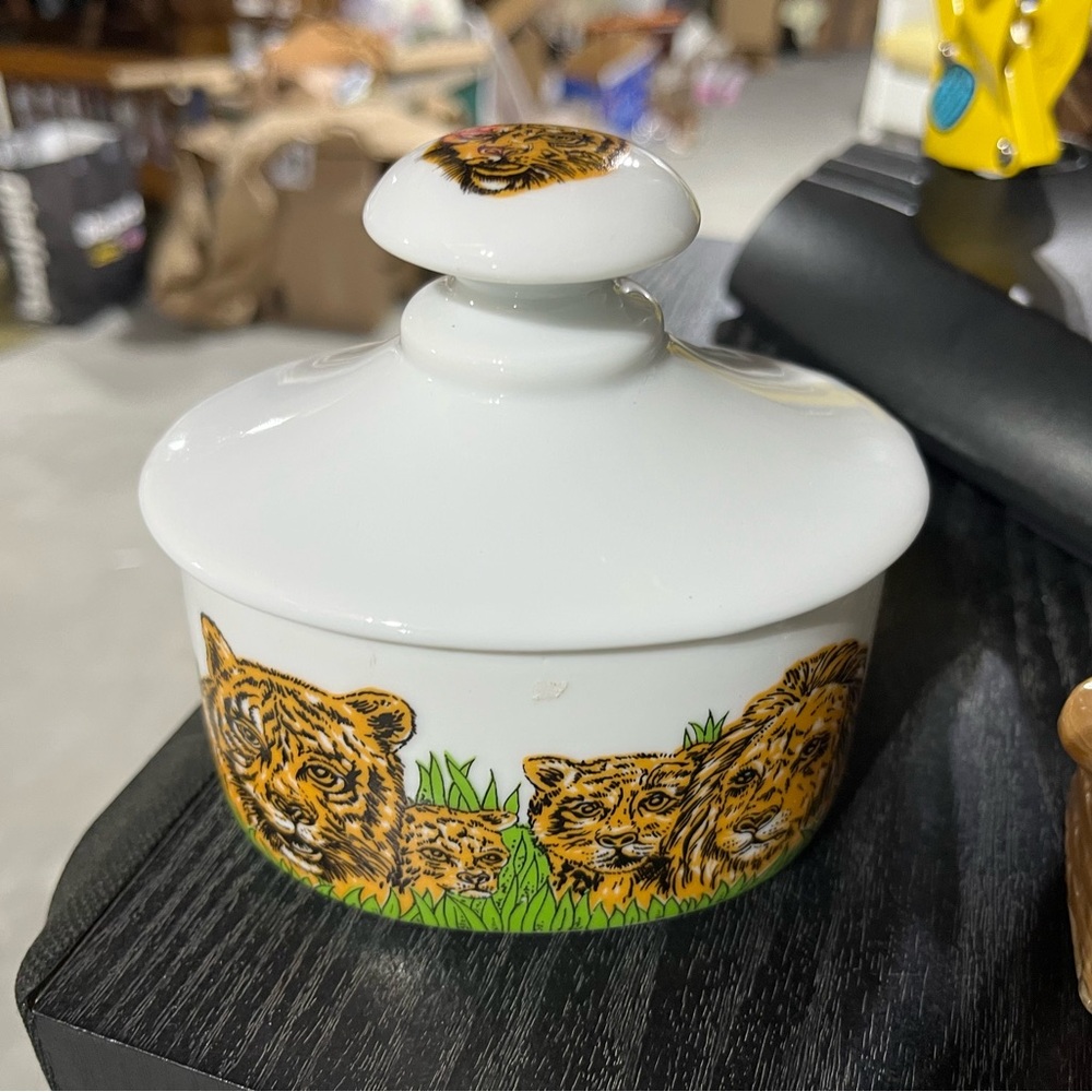 White Ceramic Jar with Tiger Design